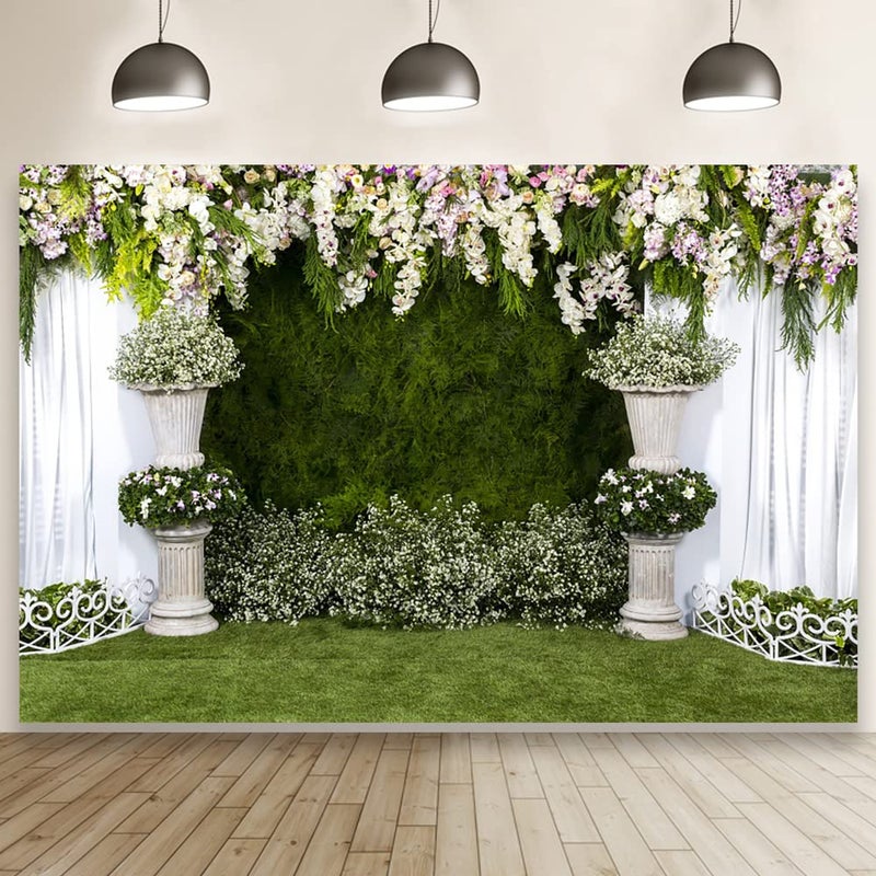 Laeacco Arch Wedding Flowers Backdrop 10x6.5ft Vinyl Photography Background Stone Planter Flowers White Curtain Green Ivy Wall Decoration Outdoos Ceremony Green Grassfield Backdrop - Image 1